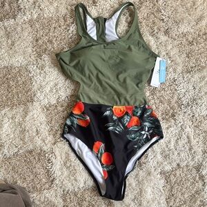 Green and Black One-Piece Swimsuit with Orange Print